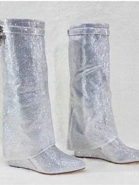 agata Shoes - Women's Silver Sequin Knee-High Wedge Boots